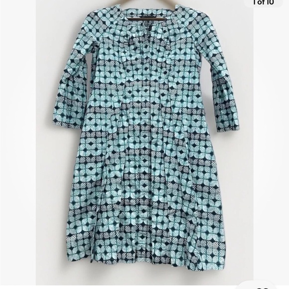 Brooks Brothers Shirt Dress Size 12 Teals Geo Pleated Roll Tab Sleeve - Picture 1 of 9